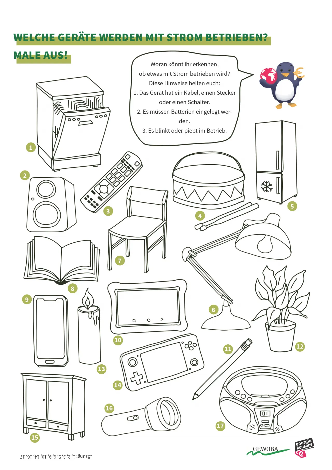 Ausmalbild mit verschiedene (strombetriebenen) Gegenst&auml;nden