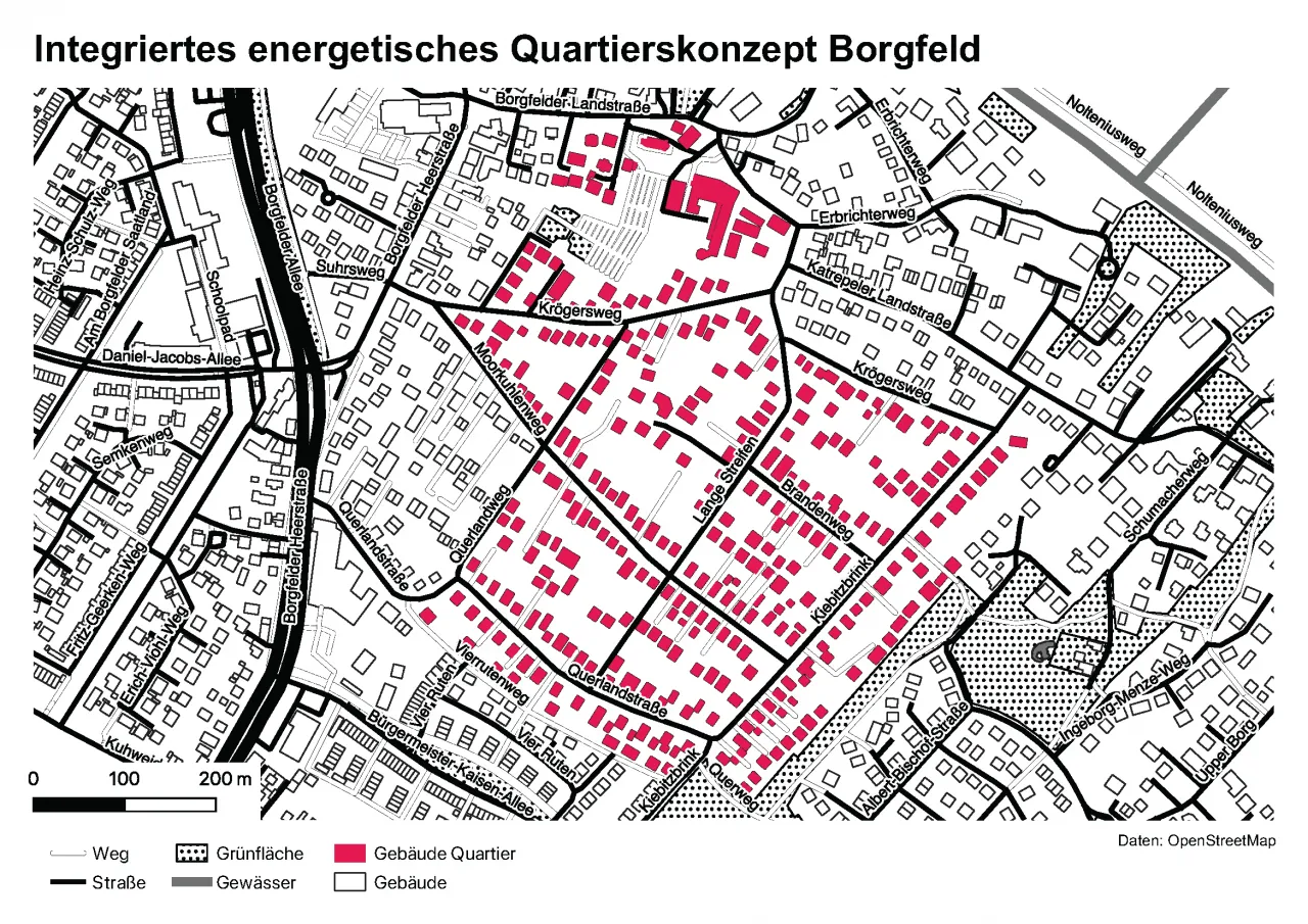Kartenausschnitt aus Borgfeld-Katrepel mit rotmarkierten Häusern