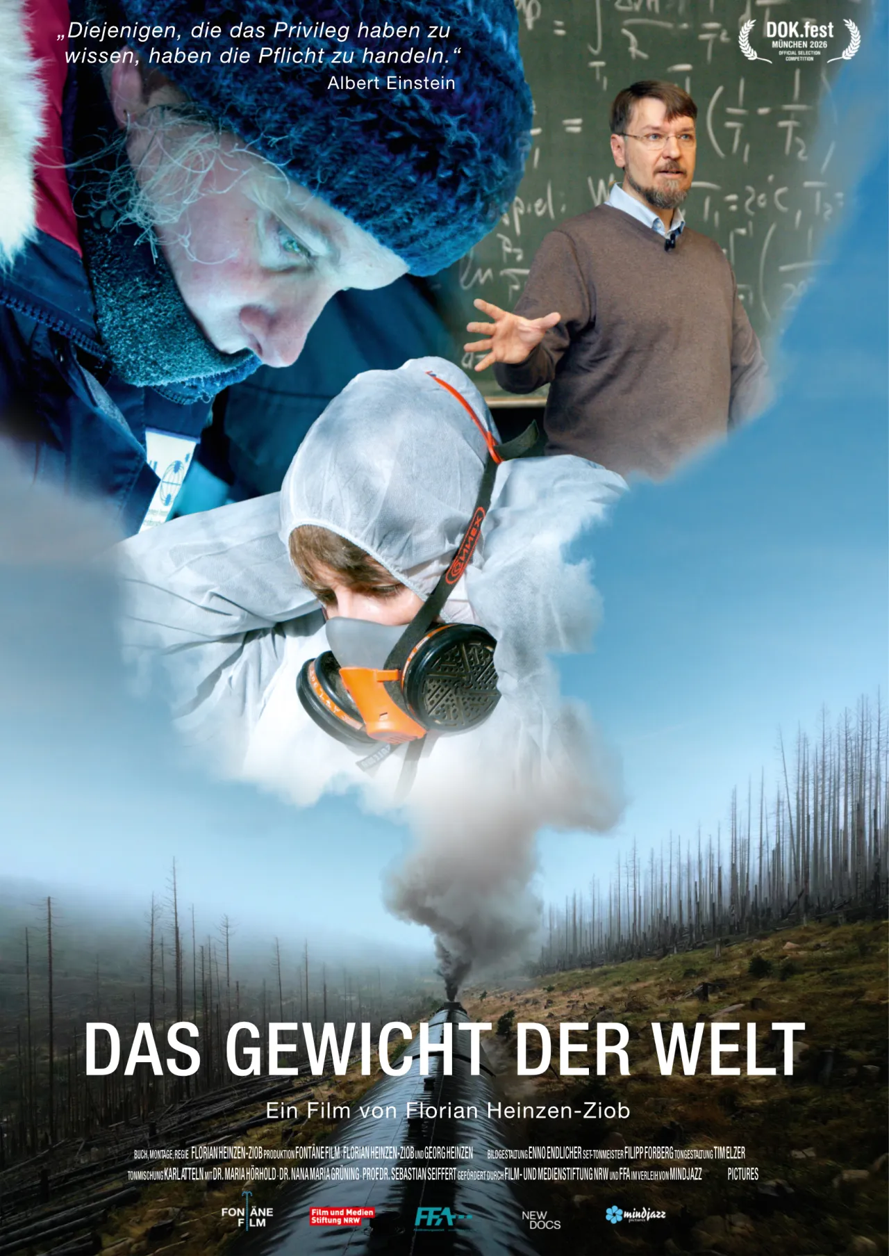 Ein Filmplakat. Drei verschiedene Forscher, die in einer Rauchwolke zu erkennen sind. Um sie herum ist blauer Himmel, w&auml;hrend der links und rechts tote B&auml;ume zu sehen sind.