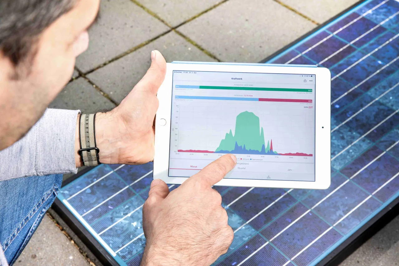 Person zeigt auf digitale Leistungsanzeige von Solaranlage
