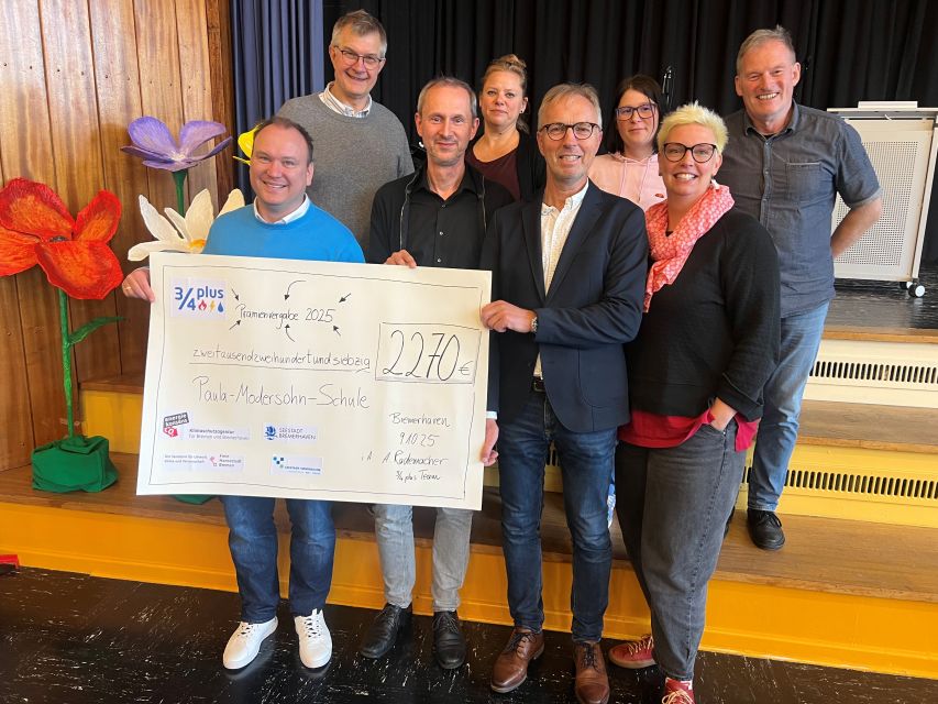 Schulleiter Matthias Achatz (l., Paula-Modersohn-Schule) erhält Prämiencheck von Partnern des Klimaschutz-Schulprojektes 