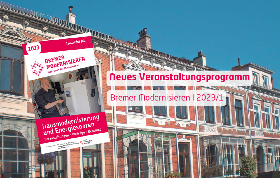Titel des Veranstaltungsprogramms vor Foto von Häuserreihe